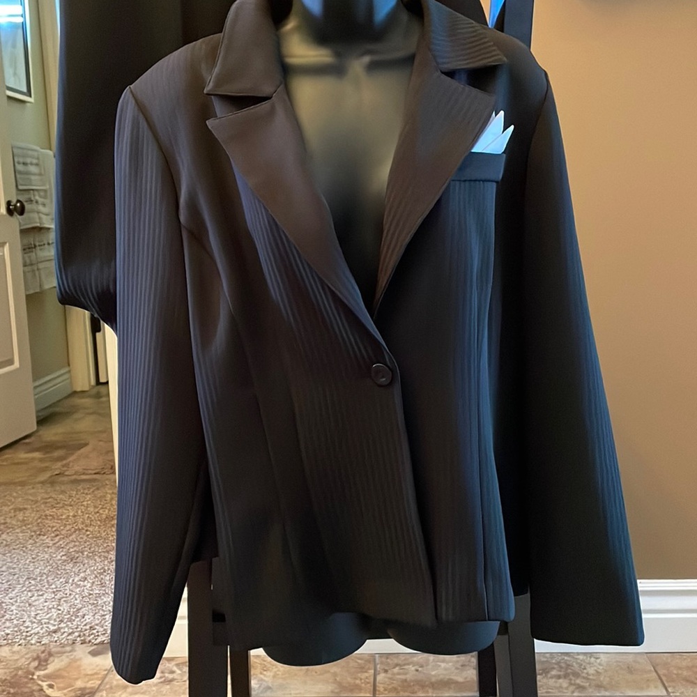 Black pinstripe suit with kerchief pocket